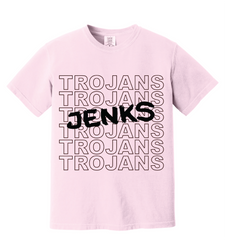 OKJenks-CC1717-GREY TROJANS, Comfort Color, Short Sleeve T Shirt, Gray with Maroon Football Font