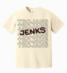 OKJenks-CC1717-GREY TROJANS, Comfort Color, Short Sleeve T Shirt, Gray with Maroon Football Font