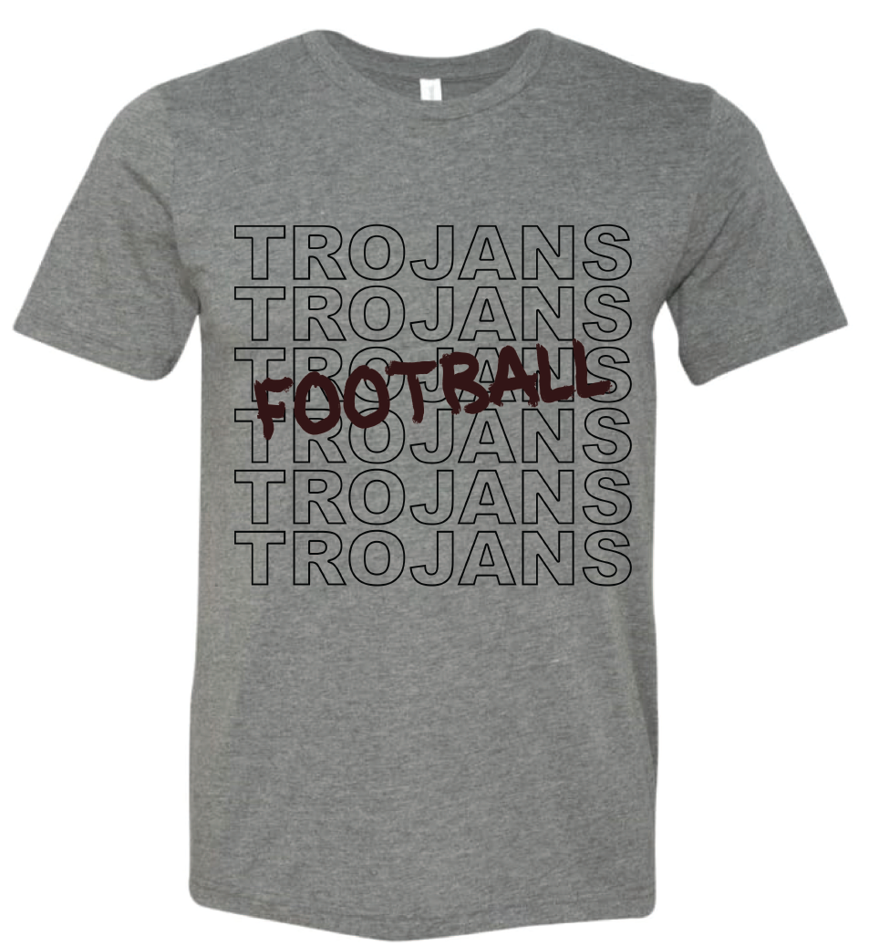 OKJenks-CC1717-GREY TROJANS, Comfort Color, Short Sleeve T Shirt, Gray with Maroon Football Font