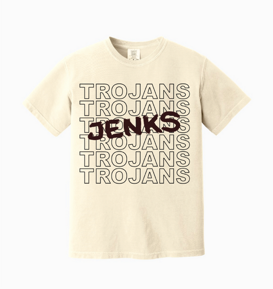 OKJenks-CC1717-CREAM TROJANS, Comfort Color, Short Sleeve T Shirt, Cream with Maroon Football Font