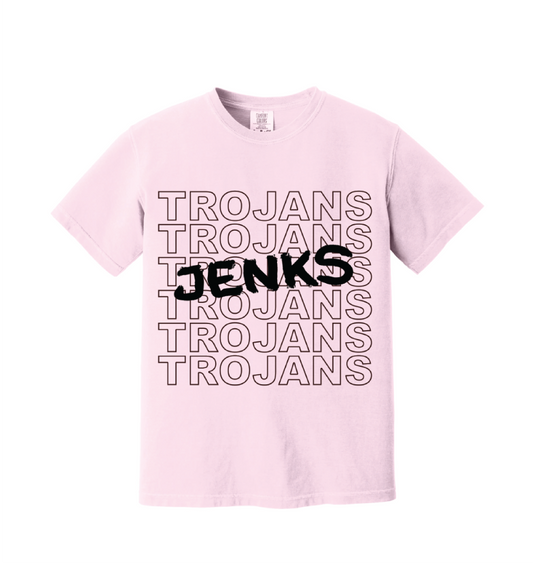 OKJENKS-CC171-PINK TROJANS, Comfort Color, Short Sleeve T Shirt, Pink with Maroon Football Font